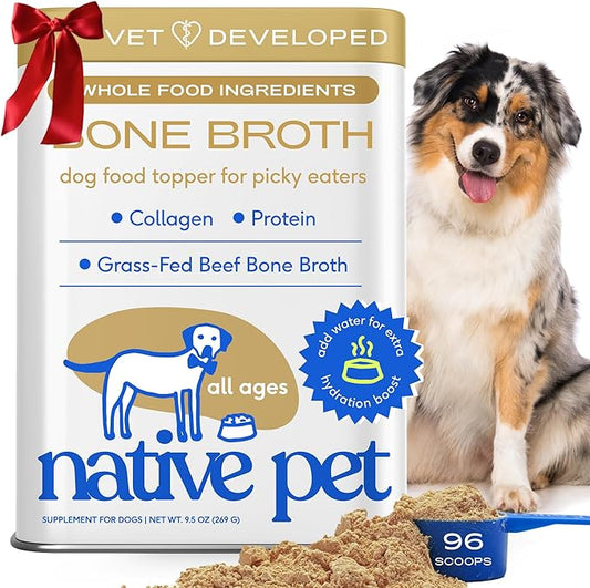 Native Pet Bone Broth for Dogs and Cats - Made with Real Beef Bone Broth, Dog Food Toppers for Picky Eaters - Provides Extra Hydration & Nutrition for Joint Strength, Immunity & Heart Health-96 Scoops