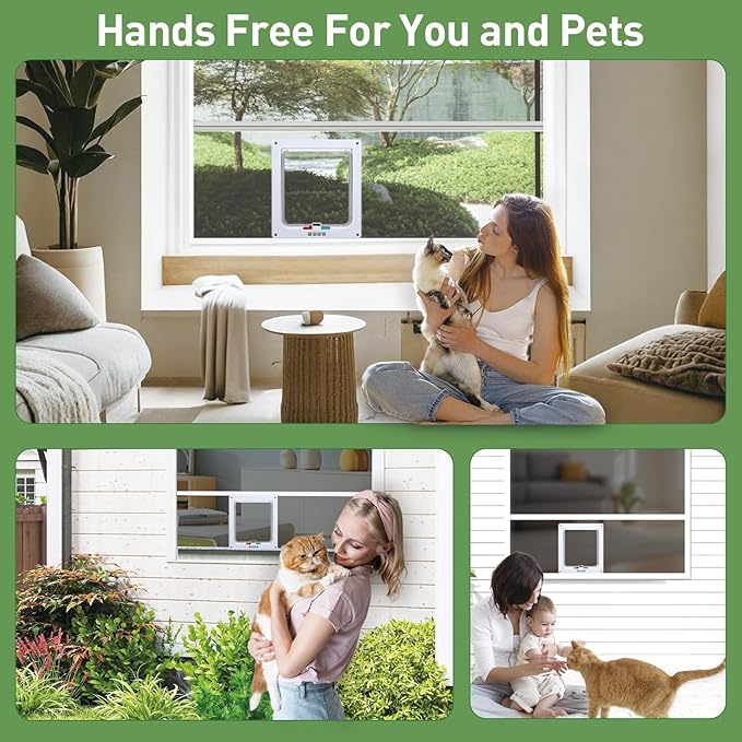 Cat Door for Window, Safety Cat Window with 4 Locking Modes, Fits 14"-32" Window, Pet Friendly Window Cat Door Insert, Ease of Installation, Magnetic Closure, Weatherproof Design, Clear Plexiglass