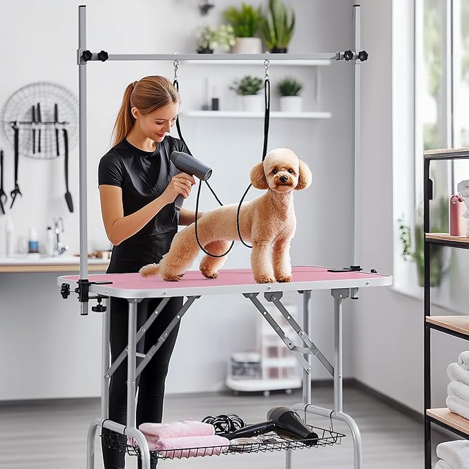 Yaheetech 36'' Pet Grooming Table for Dogs Adjustable Height Portable Trimming Table Drying Table w/Arm/Noose/Mesh Tray Maximum Capacity Up to 265Lb, Pink