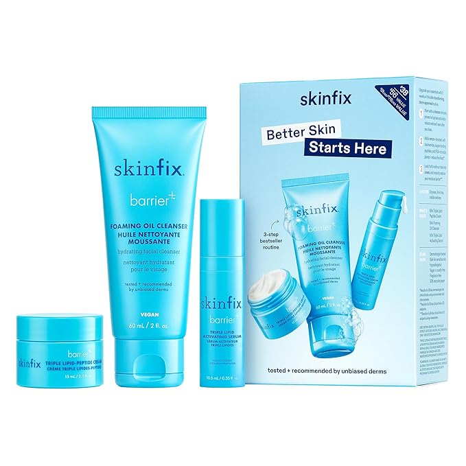 Skinfix Barrier+ Better Skin Starts Here Kit - Includes Mini Triple Lipid-Peptide Cream (0.5 oz), Mini Foaming Oil Cleanser (2 oz) & Mini Triple Lipid Activating Serum (0.35 oz) - Vegan, Cruelty Free