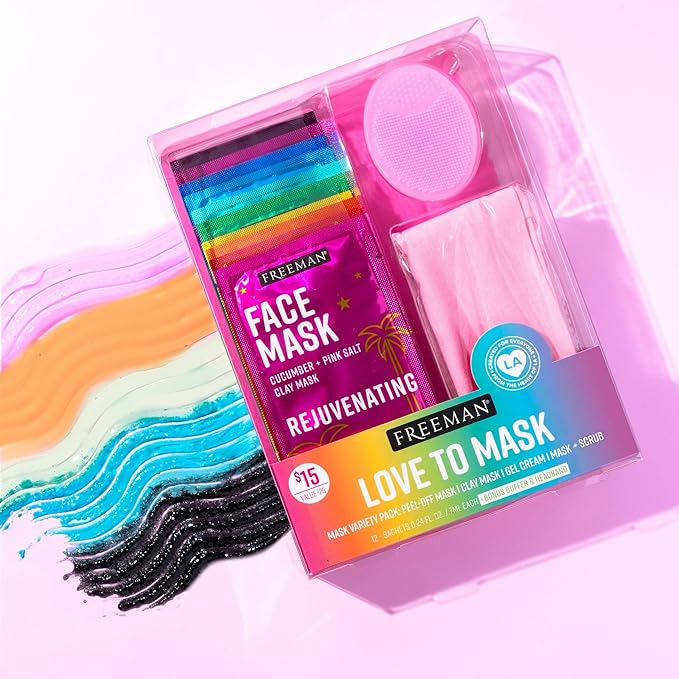 Freeman Facial Love To Mask Variety Pack: Oil Absorbing Clay, Detoxifying Charcoal, Clearing Peel Off, Hydrating Gel Cream, Exfoliating Scrub (14 Piece Kit with Bonus Buffer and Headband)