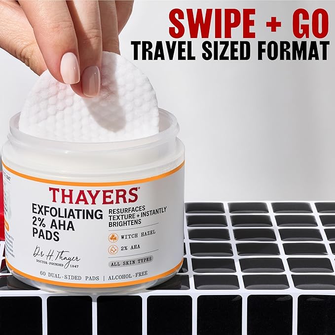 Thayers Exfoliating 2% AHA Toner Pads, Dual-Sided Exfoliating Pads with Witch Hazel, Glycolic Acid and Lactic Acid to Resurface Skin Texture and Instantly Brighten, For All Skin Types, 60 Count