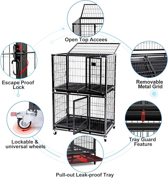 Homey Pet 31 Inch Stackable Heavy Duty Dog Crate Cage Kennel with Four Lockable Wheels, Removable Tray, Escape Proof Wire Drop Dog Crates for Small Dogs (Two Tiers)