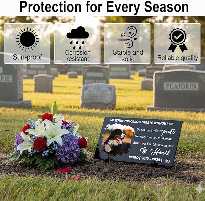 Personalized Dog Headstone Printed in The US, Dog Tombstone for Indoor and Outdoor, Customized Pet Memorial Stone with Photo, Name and Date for Beloved Pet, Black Granite