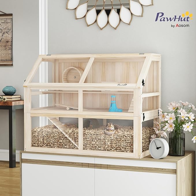 PawHut Wooden Hamster Cage, 3 Tier Small Animal Cage with Detachable 12.4" Deep Bottom, Hut, Seesaw, Exercise Wheel, Ramps, Hamster Habitat for Dwarf, Gerbil, 37" x 21" x 30"