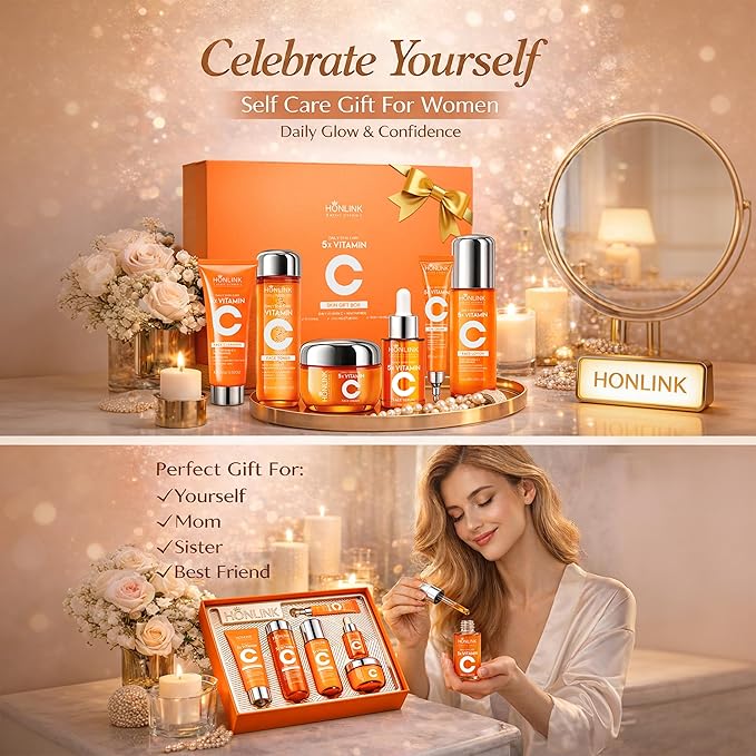 Glown 6-Piece Hydrating Skincare Set with Vitamin C & Niacinamide,Complete Face & Body Care Kit with Cleanser,Toner,Serum,Moisturizer,Eye Cream & Body Lotion | Valentine’s Day Skincare Gift for Women