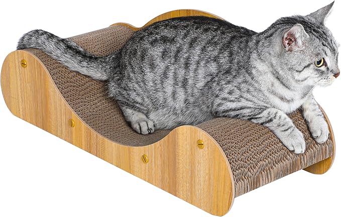 Simple Deluxe Cat Scratcher Cardboard Bed, Natural Solid Wood Scratch Lounger for Scratching&Sleeping, 23 inches Scratching Board Furniture Protector, Curved