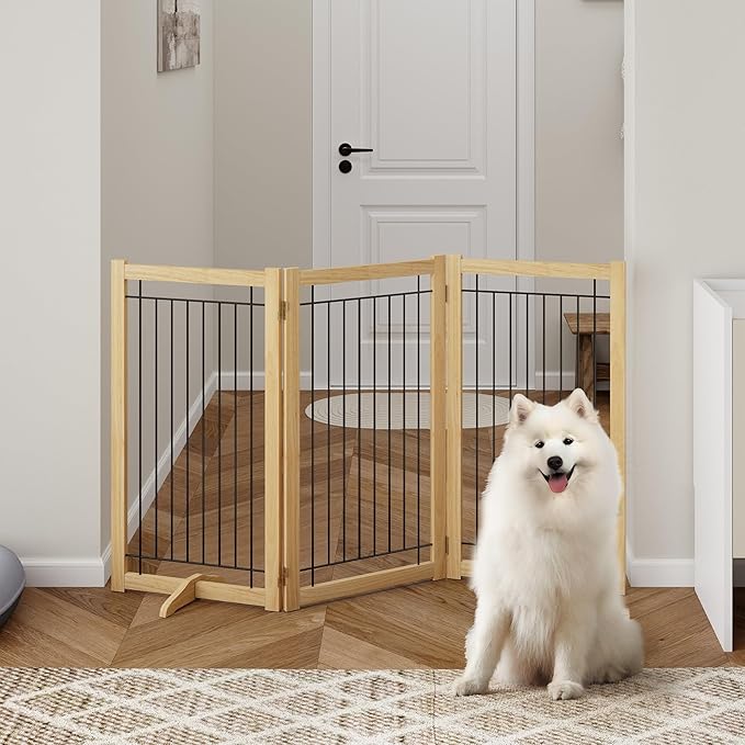 Wire Dog Gate Solid Wood Frame, Anti-Chewing, 3-Panel, 36" Height, 60" Width, Indoor Freestanding Pet Gate Foldable Wooden Dog Fences for Stairs, House, Doorway, Oak Color