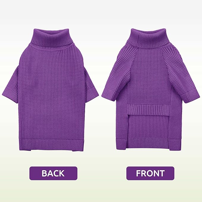 Queenmore Large Dog Sweater, Plaid Dog Sweaters for Large Dogs, Turtleneck Pet KintSweater with Check Pattern, Long Sleeve Holiday Pet Knitwear, Solid, Purple L