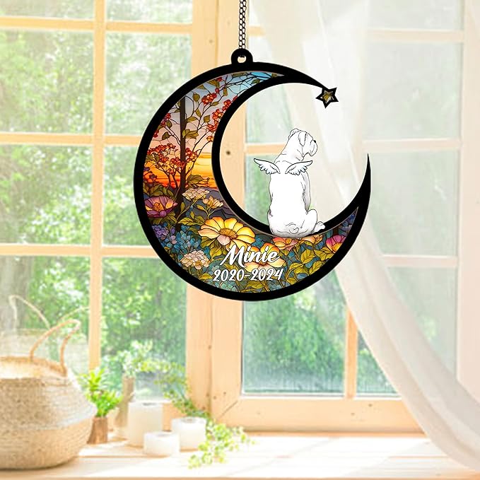 Personalized Boxer (White) Sun Catcher, Dog Memorial Gifts, Custom Boxer (White) with Wings Ornament Christmas Tree, Loss of Dog Sympathy Gift Memorial Suncatchers