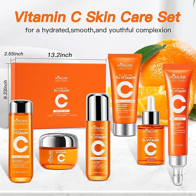 Face set + Neck Mask(8PCS each pack)，Glown 6-Piece Hydrating Skincare Set with Vitamin C & Niacinamide,HONLINK Face Care Kit Includes Toner, Faical Serum,Cleanser,Moisturizer, Eye Cream & Body Lotion