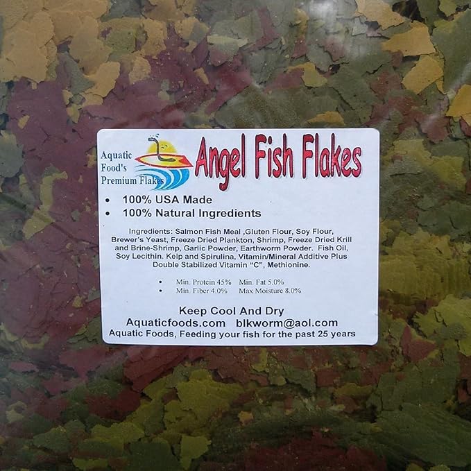 Aquatic Foods Inc. Angel Fish & Cichlid Flakes, Angels, Medium and Small Cichlids, Tetras, Guppies, Live Bearers, All Community Tropical Fish - Angel Fish AF Flakes - 2-lbs