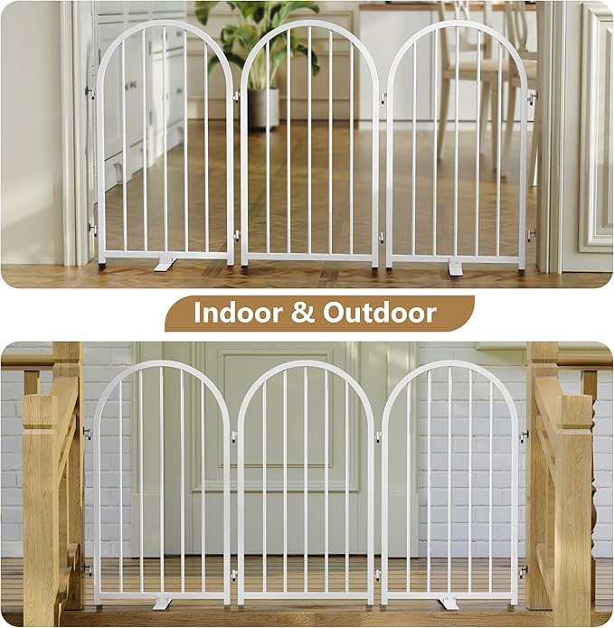 Full Metal Dog Gate for Indoor Outdoor, 32" Tall Free Standing Pet Dog Fence, 54" Wide Arched Pet Gates for Stairs, Hallways, Doorways, Kitchen, Decks, Yards (White, 3 Panels)