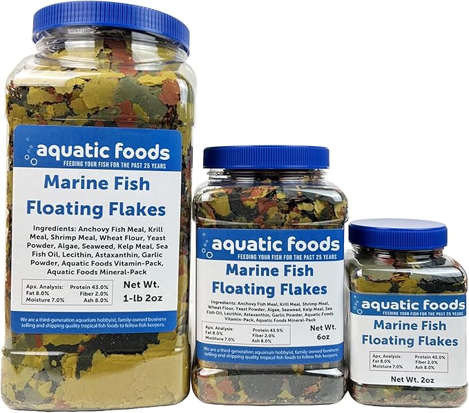 Aquatic Foods Inc. Marine Fish Flakes of Red & Green Algae, Seaweed for Tangs, Butterflies, Angelfish, Anthias, Clown Fish, Damsels Also Pellet Mix, Wafer Mix Included… AFI 6oz Jar