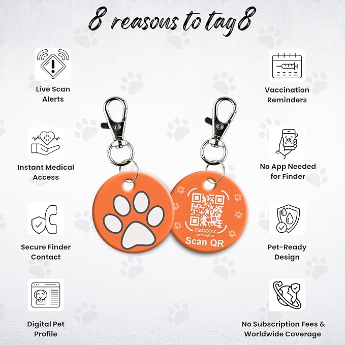tag8 QR Code ID Tag for Dogs & Cats, Real-Time Scan Alerts, Online Pet Info Access, No Subscription or Fees, Durable Pet Tag for Collars - Orange