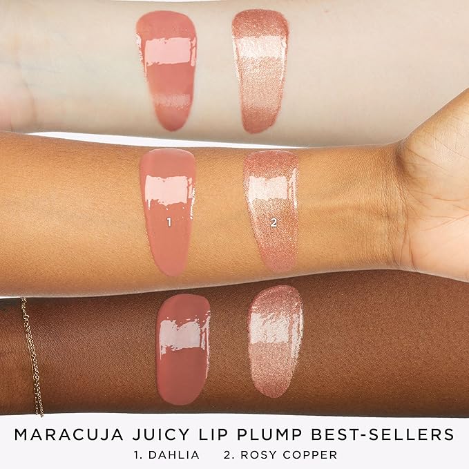tarte maracuja juicy lip plump bestsellers duo – Hydrating Volumizing Shimmer Lip Plumper Balm, Plumps & Moisturizes, Vegan & Cruelty-Free, full size, dahlia & rosy copper shimmer glass
