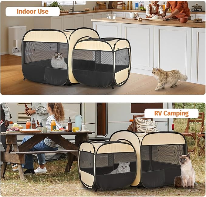 2-in-1 Portable Cat Playpen, Pop up Pet Kennel Play Pen Cat Tent House Cage, Foldable Puppy Enclosure Kitten Crates Indoors Outdoor(Beige)(No Divider, Pass-Through)