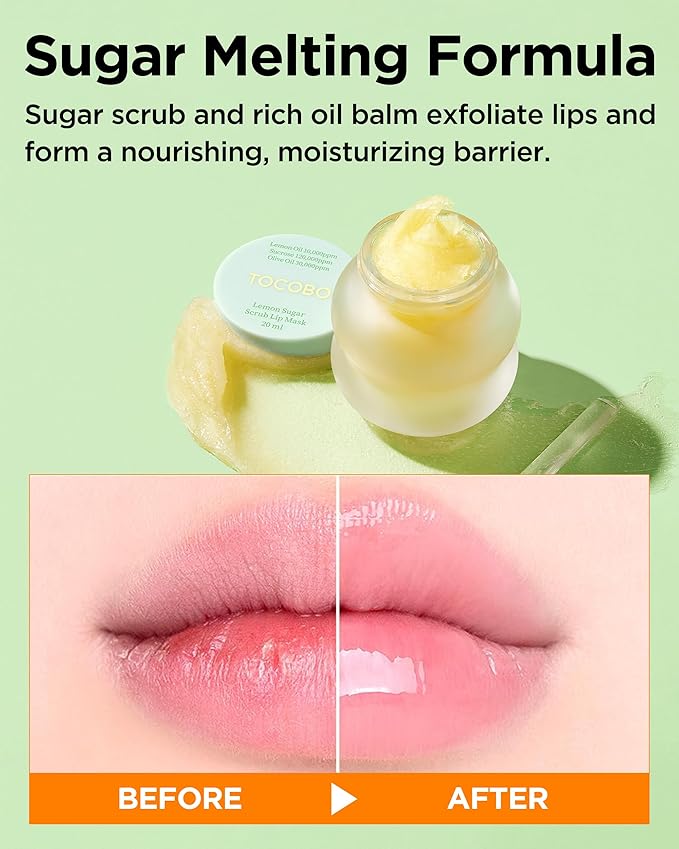 TOCOBO Lemon Sugar Lip Mask – No-Wash Overnight Lip Scrub & Sleeping Mask | Melting Sugar Crystals + Lemon Oil Exfoliating Treatment for Dry, Flaky Lips | Korean Vegan Glazed Balm, 0.68oz