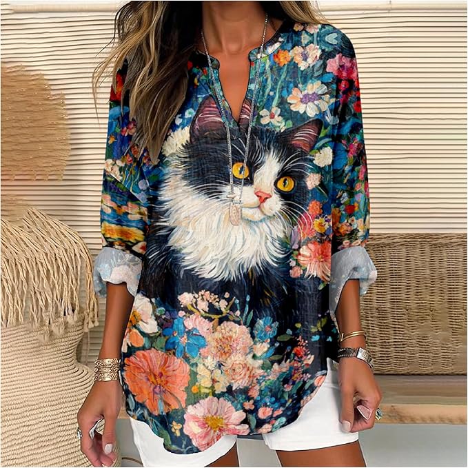 MARSVOVO Cat Shirts for Women Long Sleeve Cute Cat Pullover Graphic Novelty V Neck Blouse Oversized Funny Tunic Tops