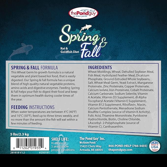 The Pond Guy Spring & Fall Wheat Germ Fish Food for Koi & Goldfish, Premium Cold Weather Floating Pellets, Healthy Formula for Winter Nutrition, 2 lbs