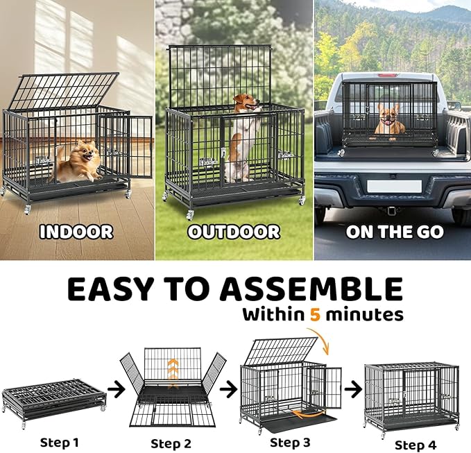 Homey Pet Two Tiers 37 Inch Dog Crate, Escape Proof Dog Cage Kennel Indoor with Top Access and Lockable Wheels, Removable Tray, Heavy Duty Dog Crates for Medium/Small Dogs