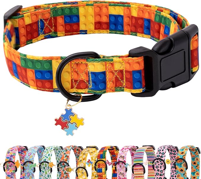 Faygarsle Dog Collar for Small Medium Large Dogs Colorful Puppy Collars for Female Dogs Toy Building Blocks Patterned Pet Collars for Summer Spring Wedding Puppy Girl Dog Collar L