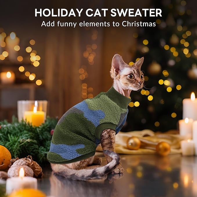 PUMYPOREITY Winter Warm Cat Sweater with Stretch Ribbed Collar & Cuffs, Snug & Secure Fit with Soft Plush Fleece, Easy-On Cat Sweatshirt for Indoor/Outdoor Use,Green, M