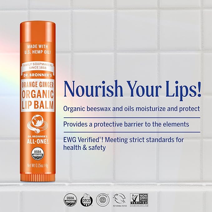Dr. Bronner’s Organic Lip Balm 6-Pack (.15oz) Natural, Moisturizing, Petroleum-Free Lip Balm with Beeswax & Avocado Oil for Dry Lips, Men & Women - Orange Ginger