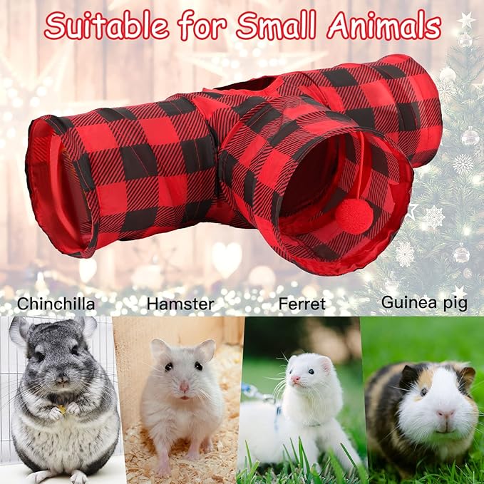 YUEPET Guinea Pig Tunnel and Tube Collapsible 3 Way Guinea Pig Hideout with Classic Christmas Style, Small Animal Tunnel for Guinea Pig Ferret Hamster Chinchilla