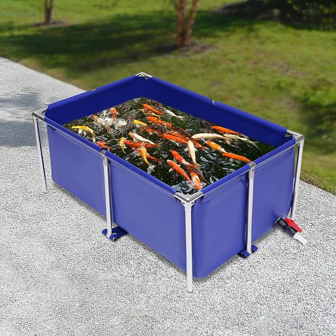 Portable Fish Tank, Foldable Koi Pond Stainless Steel Frame, Large 120x80x50cm Canvas Fish Pond with Drain Valve, Waterproof Home Aquarium & Aquaculture Tank
