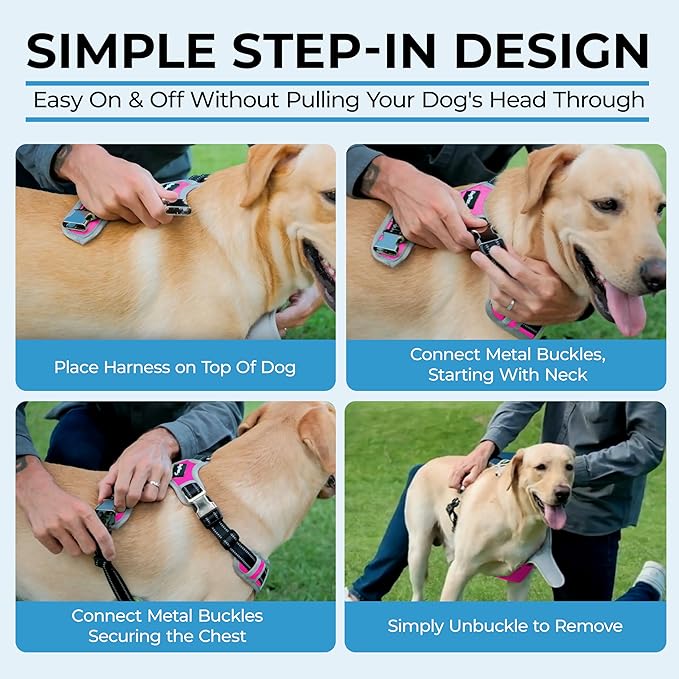 Step in Dog Harness for Extra Large Dogs, Pink, Adjustable, Easy On Off, No Pull Through Design, 2 Dog Leash Points, 3M Reflective Trim, Neoprene Padded Control Handle
