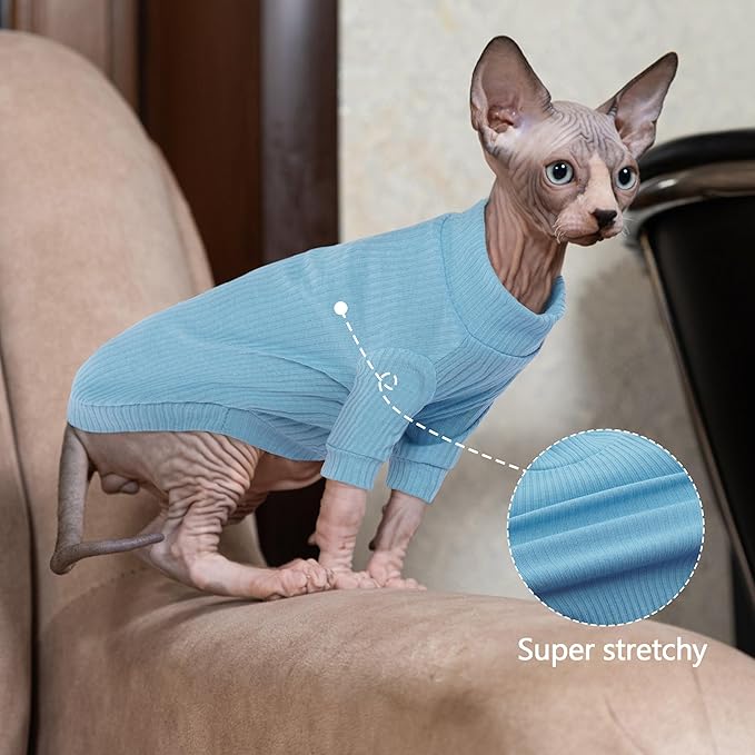 PUMYPOREITY Cat Clothes, Stretchy Cat Shirt, Cat Sweater with Sleeves, Sphynx Cat Clothes, Soft Cat Shirts for Cats Only, Pullover Cat Pajama for Sphynx Hairless Cat, Devon Rex, Blue, S