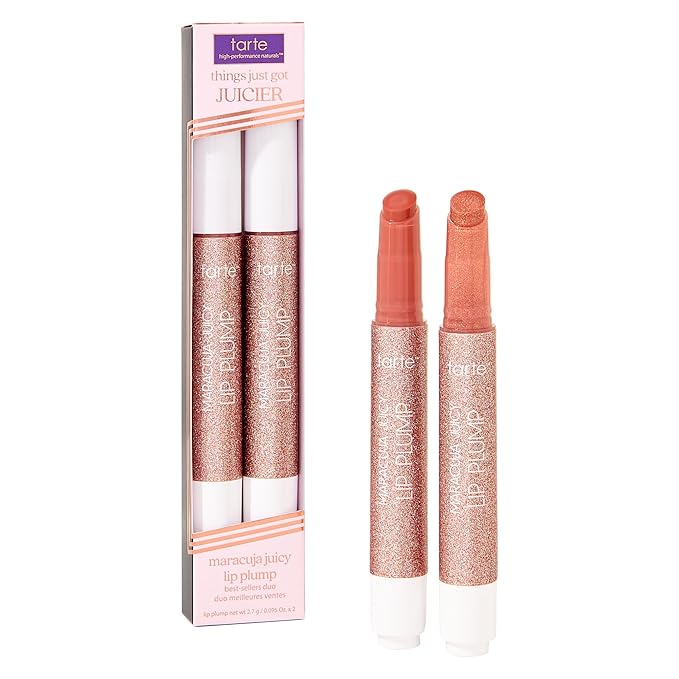 tarte maracuja juicy lip plump bestsellers duo – Hydrating Volumizing Shimmer Lip Plumper Balm, Plumps & Moisturizes, Vegan & Cruelty-Free, full size, dahlia & rosy copper shimmer glass