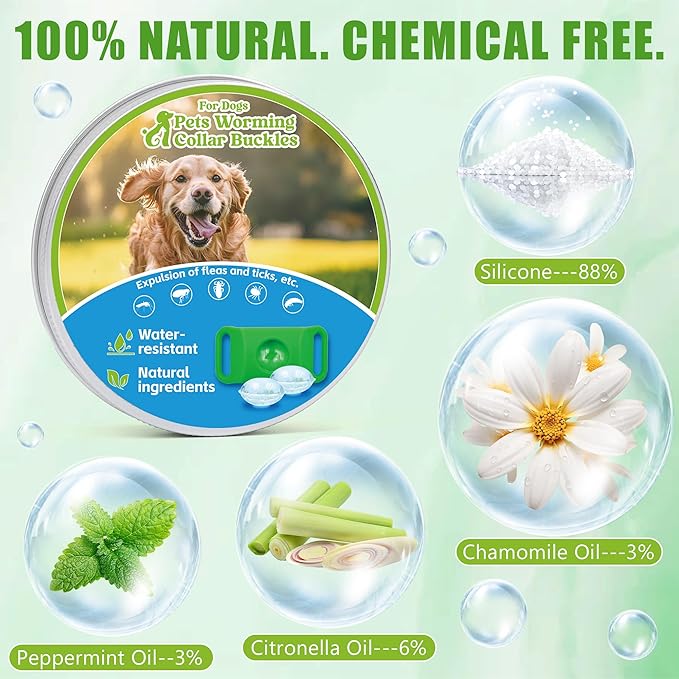 Natural Flea and Tick Prevention Dog Tag – Waterproof Collar Pendant with 2 Extra Refills, Green, Safe for All Breeds Collar Not Included