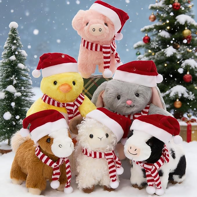 MaoGoLan 6 Pieces Plush Farm Animals with Christmas Outfits, Stuffed Horse Cow Sheep Pig Chicken Bunny Bulk Farm Animal Toys for Girls Kids Christmas Decorations Valentine's Day Easter Gifts