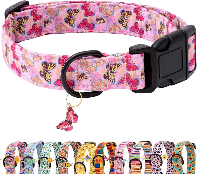 Faygarsle Dog Collar for Small Medium Large Dogs Cute Pink Puppy Collars for Female Dogs Butterfly Patterned Pet Collars for Summer Spring Wedding Puppy Necklace Girl Dog Collar L