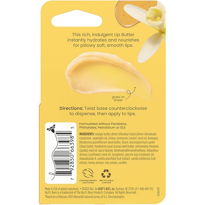 Burt's Bees Vanilla Honey Lip Butter, Repairs Dry Lips, 24 Hour Hydration, Locks in Moisture, Includes Shea and Mango Butters, Antioxidant Rich Vitamin E, Convenient Twist Up Dispenser, 0.5 Oz.