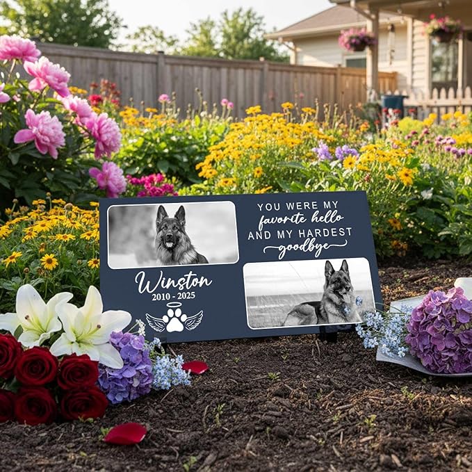 Personalized Dog Headstone Engraved in The US, Dog Tombstone for Indoor and Outdoor, Customized Pet Memorial Stone with Photo, Name and Date for Beloved Pet, Black Granite