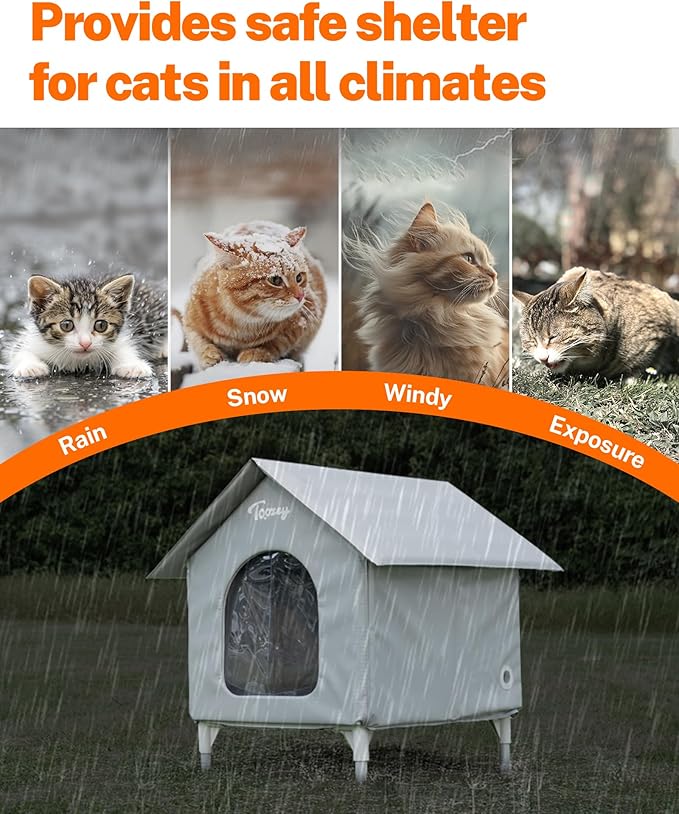 Toozey Outdoor Cat House, Waterproof Cat Shelter Extra with Heating Pad for Stray/Barn Cats, Elevated Feral Cats House with Inside Insulated Aluminum Sunburn Protection