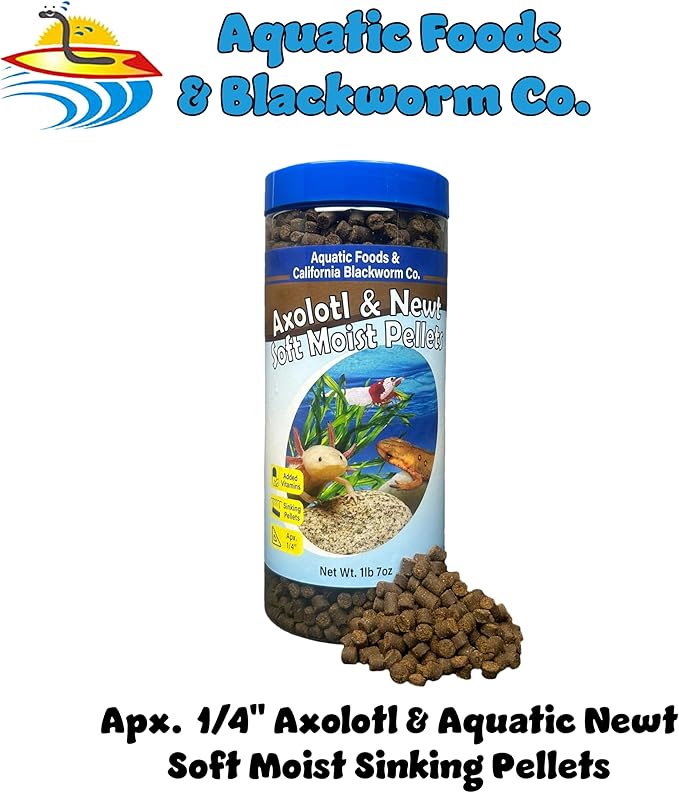 Aquatic Foods Inc. Axolotl Pellet Food 1/4" Soft Moist Sinking Pellets for Juvenile Axolotl Also Shrimp, Snails, Crayfish, Bottom Tropical Fish, Blackworm Pellets Included 1-lb 8oz Canister