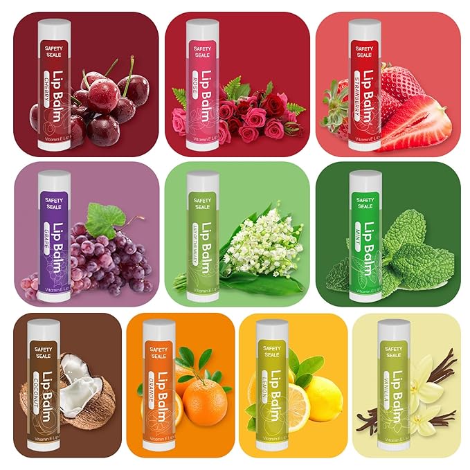 10 Pack Natural Lip Balm Bulk with Vitamin E and Coconut Oil Valentine's Choice Gift - Moisturizing, Soothing, and Repairing Dry and Chapped Lips - 10 Flavors - Non-GMO