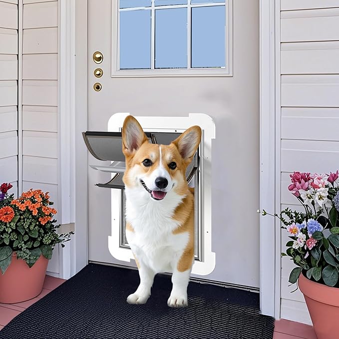 3-Flap Medium Dog Door for Door with Metal Sliding Lock Panel, Energy Efficient Pet Door with Steel Frame, Telescoping Tunnel,Never Rust Ruff Weather Doggie Door （Pets Up to 40 Lb）