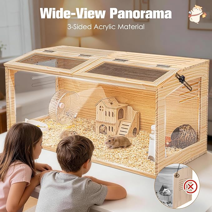 Hamster Cage 40" Wooden Chewproof, 270° View Large Habitat with Bite-Proof Metal Mesh & Top Dual Access Doors, Acrylic Sheets & Solid Build for Dwarf Syrian Hamsters/Gerbils/Guinea Pigs/Chinchillas