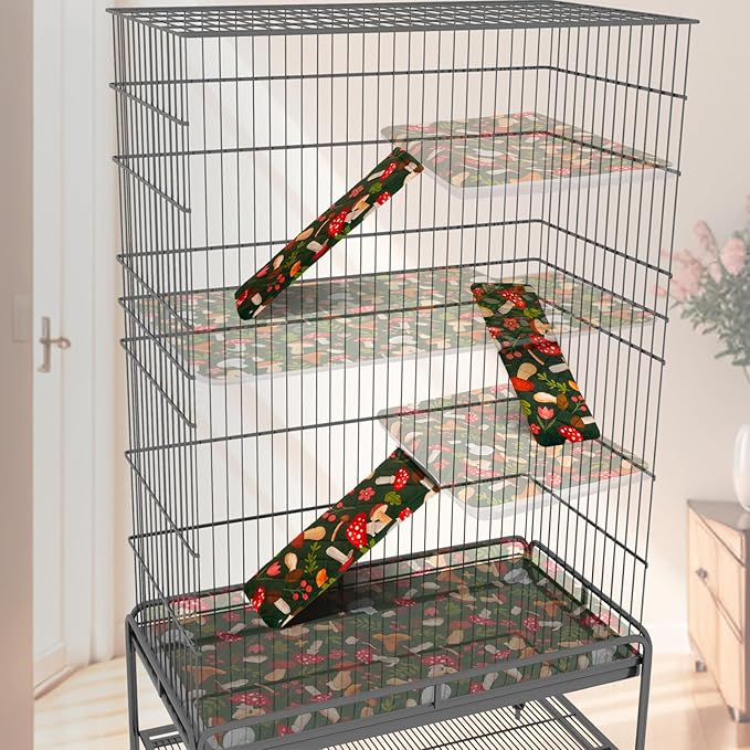 Bienbee Ferret Cage Liner Set, Waterproof Ferrets Cage Accessories for Small Animals Rats Chinchillas Hedgehogs Ferrets(Green Mushroom,Ramp Covers-3 PCS)