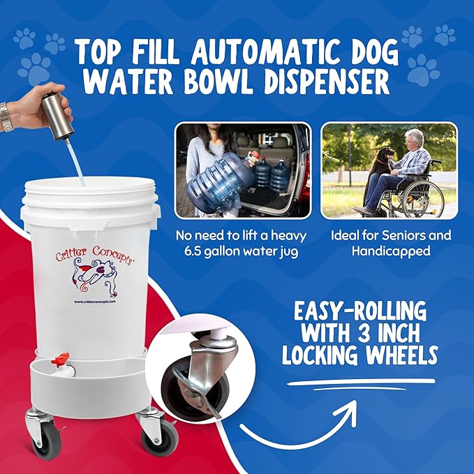 Gravity Water Bowls for Dogs: 6.5 Gallons! Pet Gravity Water Dispenser. Quiet, BPA Free, No Rust, Made in USA. Ideal for Daycares and Multi Pet Busy Parents. Automatic Fountain for Cats