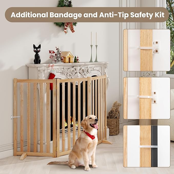 Wire Dog Gate Solid Wood Frame, 36" Height, Anti-Chewing Pet Gate Indoor Freestanding Indoor Foldable Dog Fences for Stairs, House, Doorway Extra Wide, 3-Panel, 60" Wide, Natural