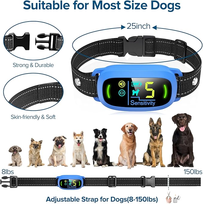 Bark Collar, Rechargeable Dog Bark Collar with 5 Adjustable Sensitivity and Intensity Beep Vibration, Anti Barking Collar for Small Medium Large Breed Dogs (Blue)
