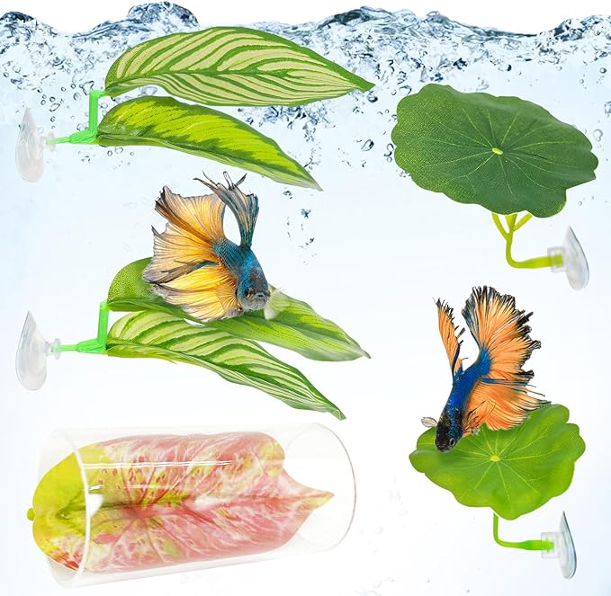 Hamiledyi 5 PCS Betta Hammock & Tunnel Set Acrylic Tube Tunnel with Suction Cup Soft Leaf Aquarium Decor Betta Fish Tank Accessories for Small Fish Shrimp Guppy Resting Hiding