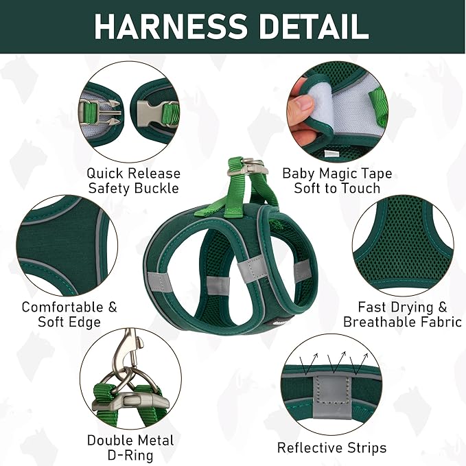 GAMUDA Small Pet Harness Collar and Leash Set, Step in No Chock No Pull Linen Fabric Soft Mesh Dog Vest Harnesses Reflective for Dogs Puppy Cats Kitten Rabbit (Green, XL)
