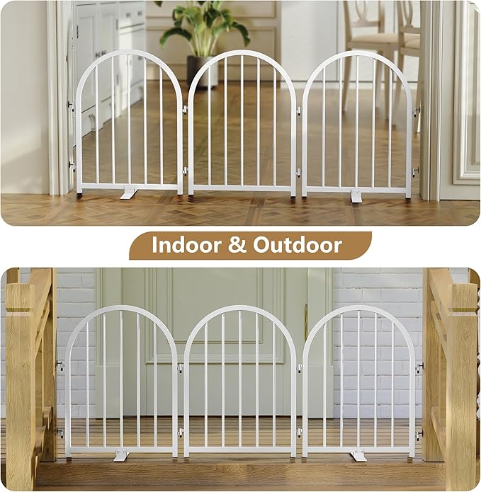 Full Metal Dog Gate for Indoor Outdoor, 24" Tall Free Standing Pet Dog Fence, 54" Wide Arched Pet Gates for Stairs, Hallways, Doorways, Kitchen, Decks, Yards (White, 3 Panels)